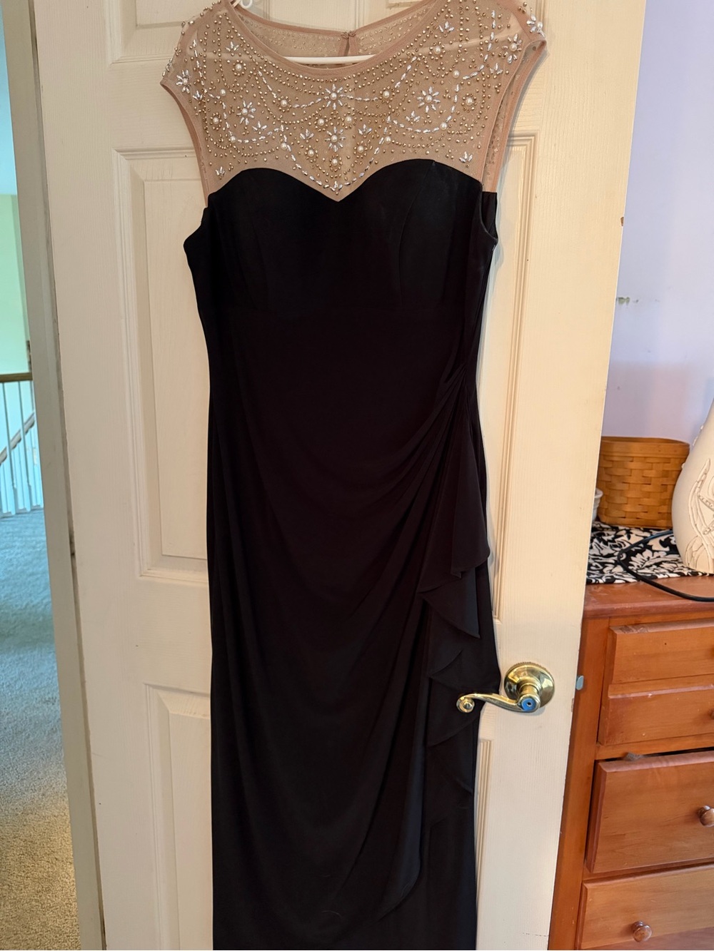 Alex Evenings Black Gown with Beaded Nude Illusion Yoke